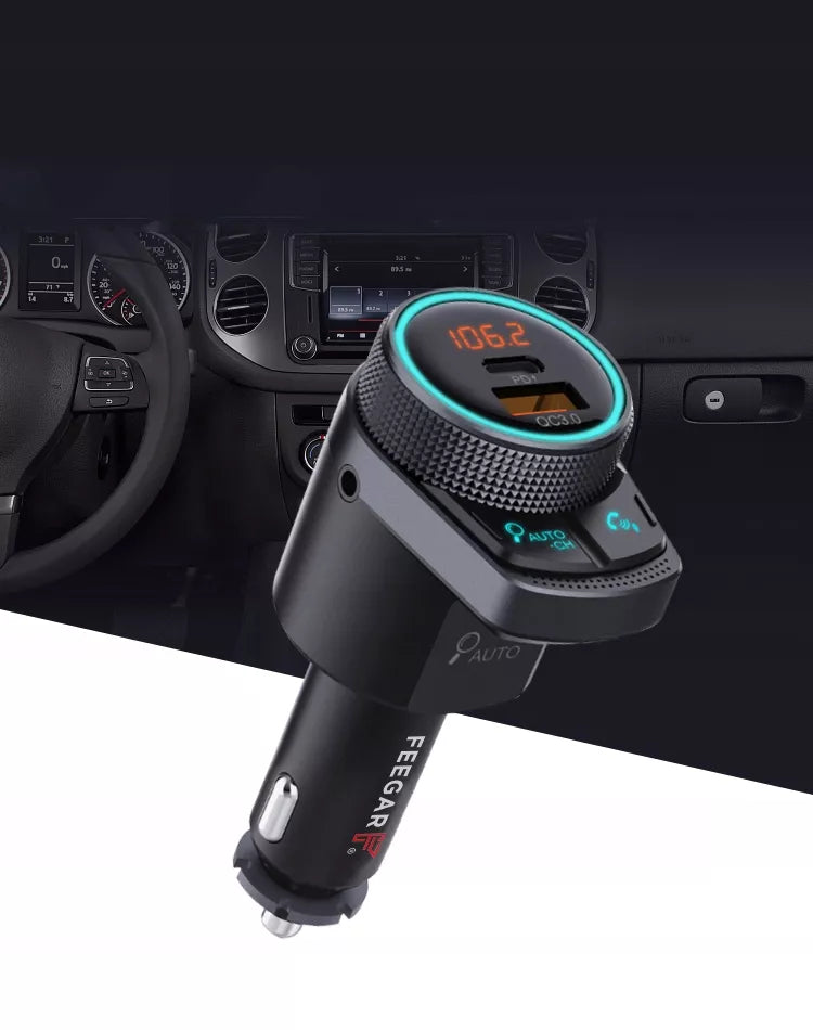 Feegar Bluetooth FM siųstuvas AUX Greitasis įkroviklis QC 3.0 38W AutoSearch