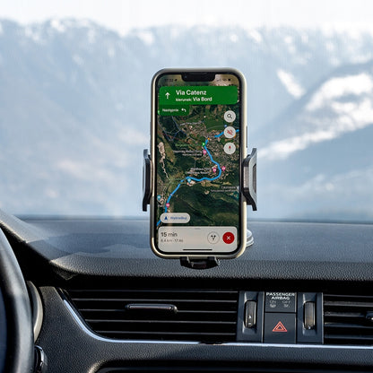 Tvirtas automobilinis laikiklis telefonui ant priekinio stiklo, prietaisų skydelio, salono