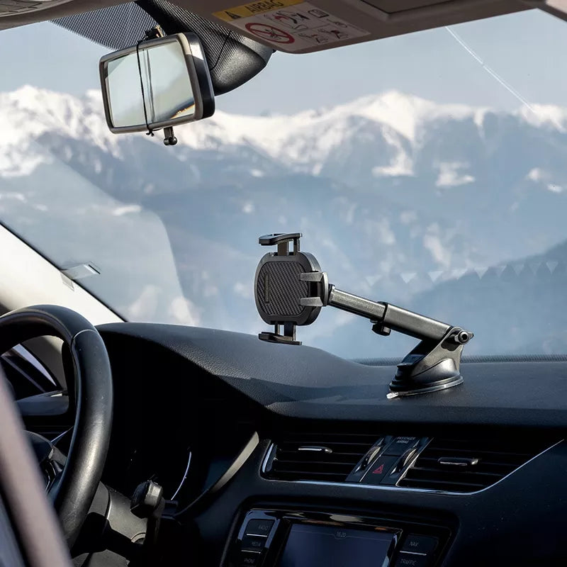 Tvirtas automobilinis laikiklis telefonui ant priekinio stiklo, prietaisų skydelio, salono