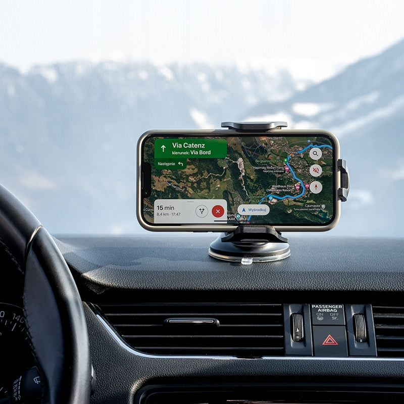 Tvirtas automobilinis laikiklis telefonui ant priekinio stiklo, prietaisų skydelio, salono