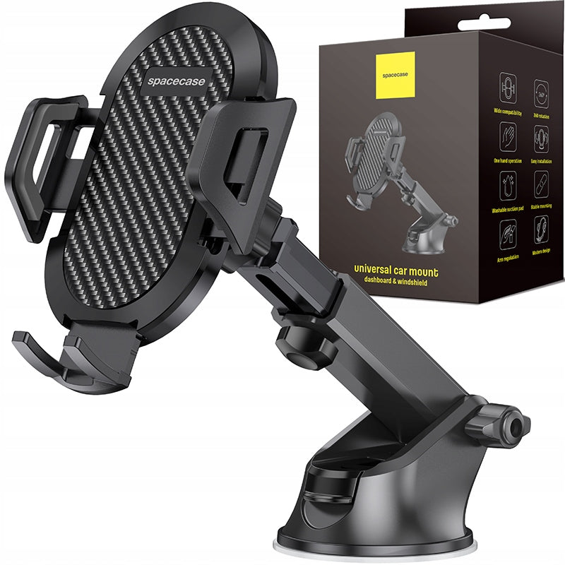 Tvirtas automobilinis laikiklis telefonui ant priekinio stiklo, prietaisų skydelio, salono