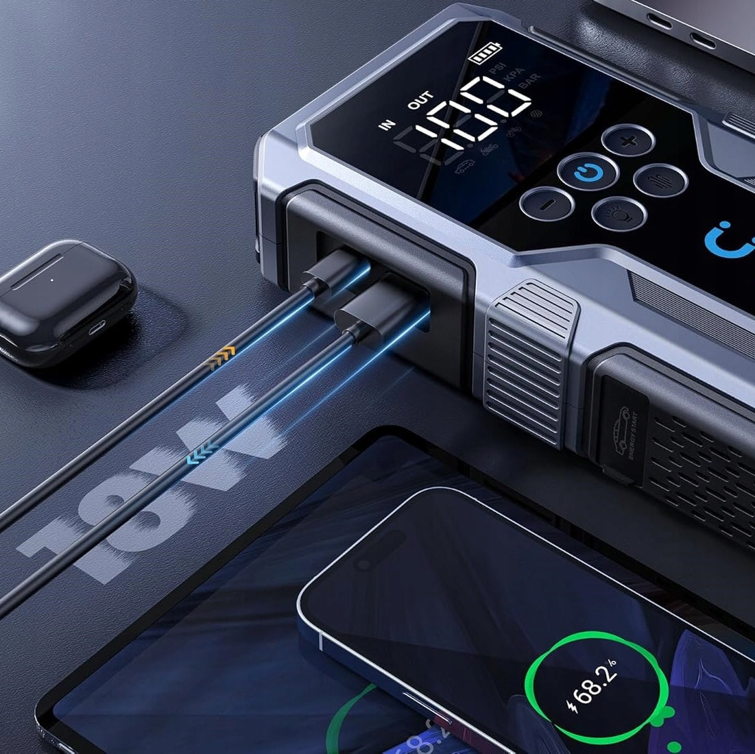 Starteris + kompresorius JUMP STARTER POWERBANK AKUMULIATORIAUS paleidimo įtaisas