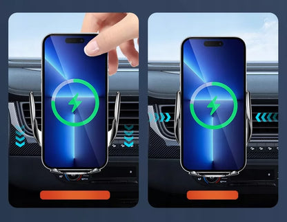 Automobilinis laikiklis telefonui su belaidžiu įkrovikliu, priekiniam stiklui, grotelėms, prietaisų skydeliui