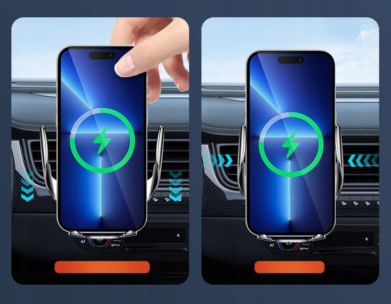 Automobilinis laikiklis telefonui su belaidžiu įkrovikliu, priekiniam stiklui, grotelėms, prietaisų skydeliui