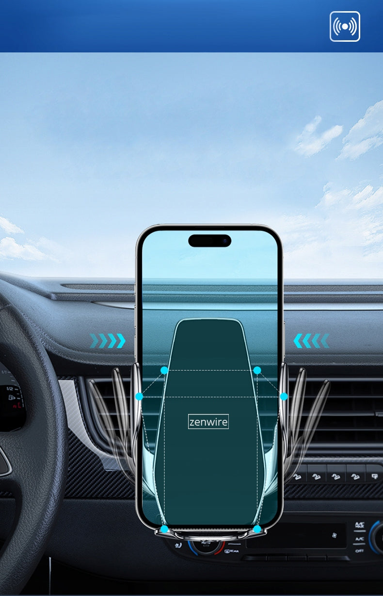 Automobilinis laikiklis telefonui su belaidžiu įkrovikliu, priekiniam stiklui, grotelėms, prietaisų skydeliui