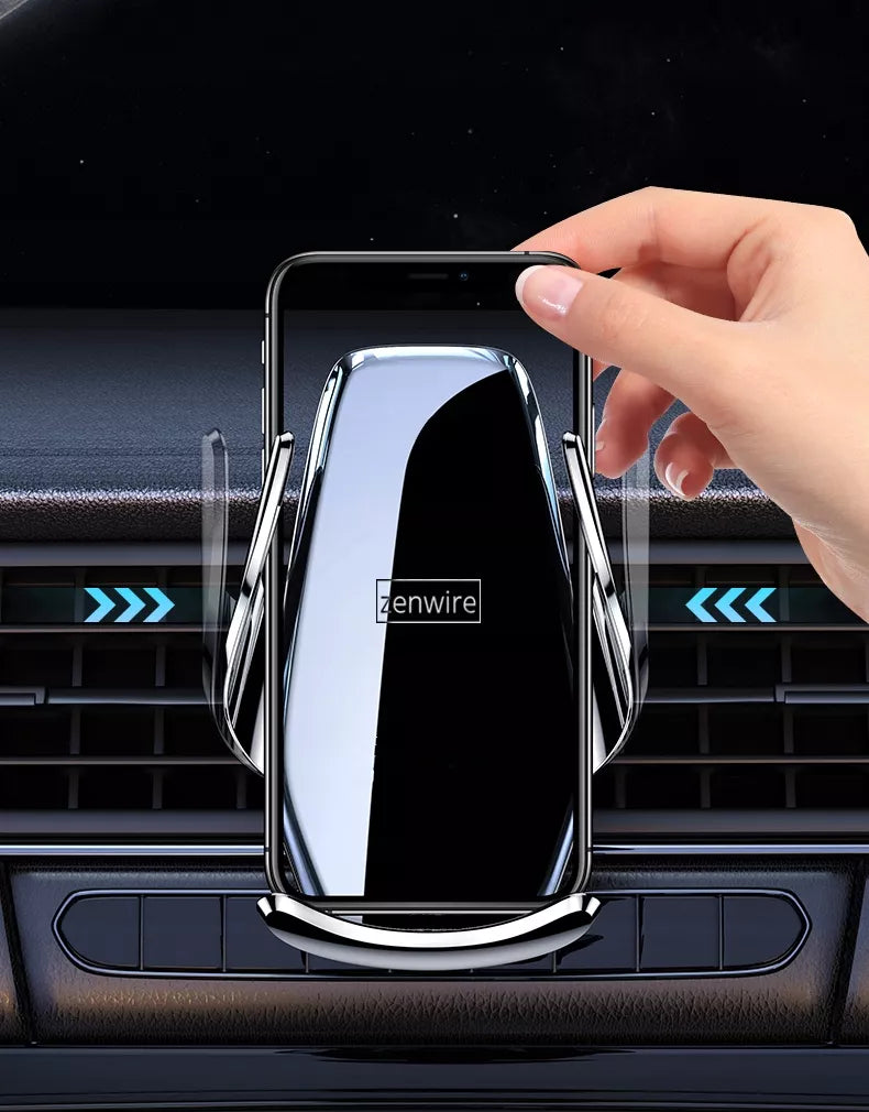 Automobilinis laikiklis telefonui su belaidžiu įkrovikliu, priekiniam stiklui, grotelėms, prietaisų skydeliui