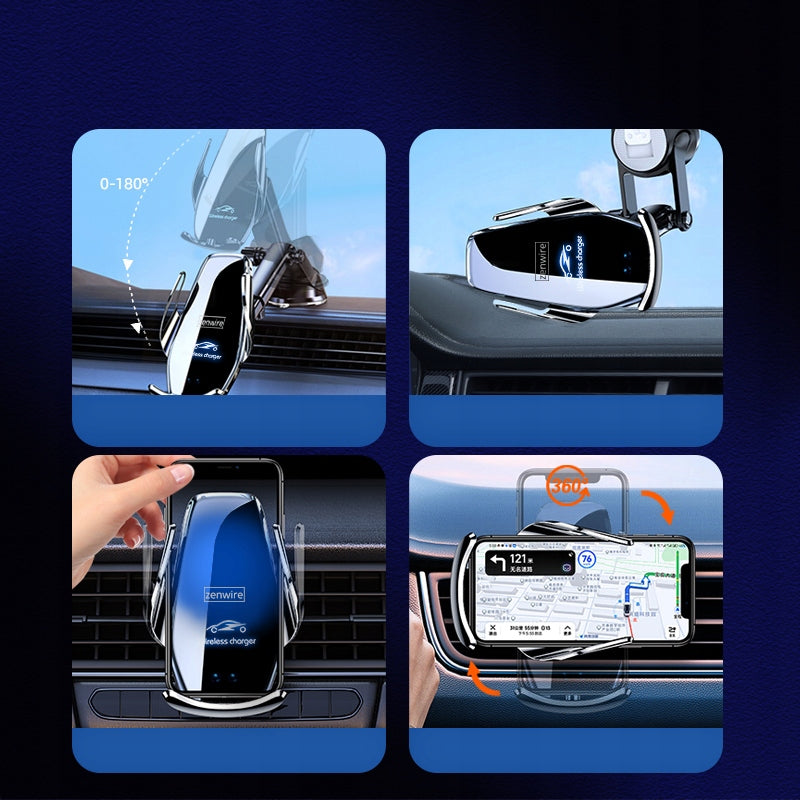Automobilinis laikiklis telefonui su belaidžiu įkrovikliu, priekiniam stiklui, grotelėms, prietaisų skydeliui
