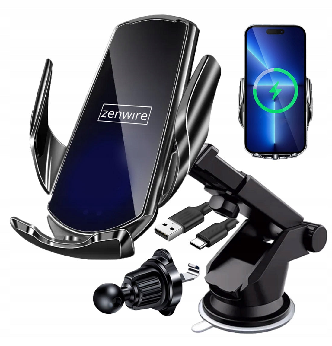 Automobilinis laikiklis telefonui su belaidžiu įkrovikliu, priekiniam stiklui, grotelėms, prietaisų skydeliui