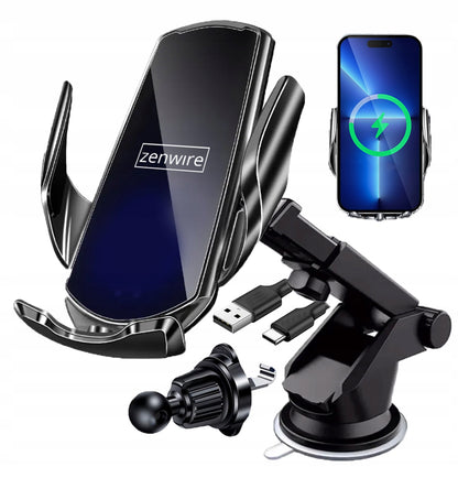 Automobilinis laikiklis telefonui su belaidžiu įkrovikliu, priekiniam stiklui, grotelėms, prietaisų skydeliui