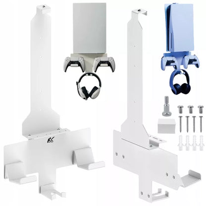 Sieninis stovas PS5 konsolei su pultelių laikikliu, baltos spalvos