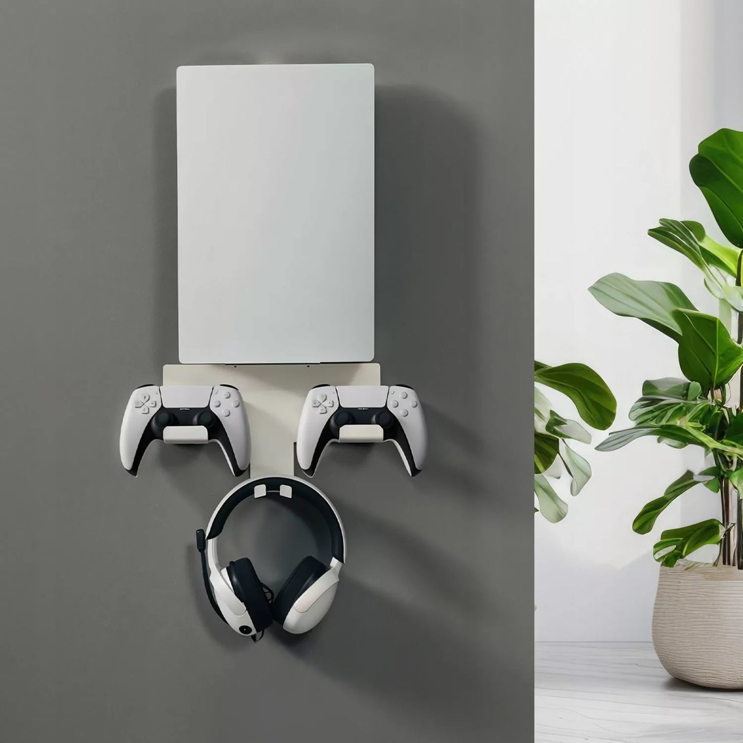 Sieninis stovas PS5 konsolei su pultelių laikikliu, baltos spalvos