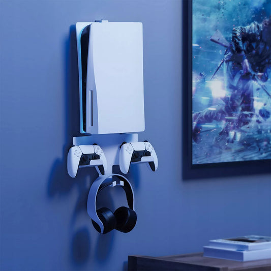 Sieninis stovas PS5 konsolei su pultelių laikikliu, baltos spalvos