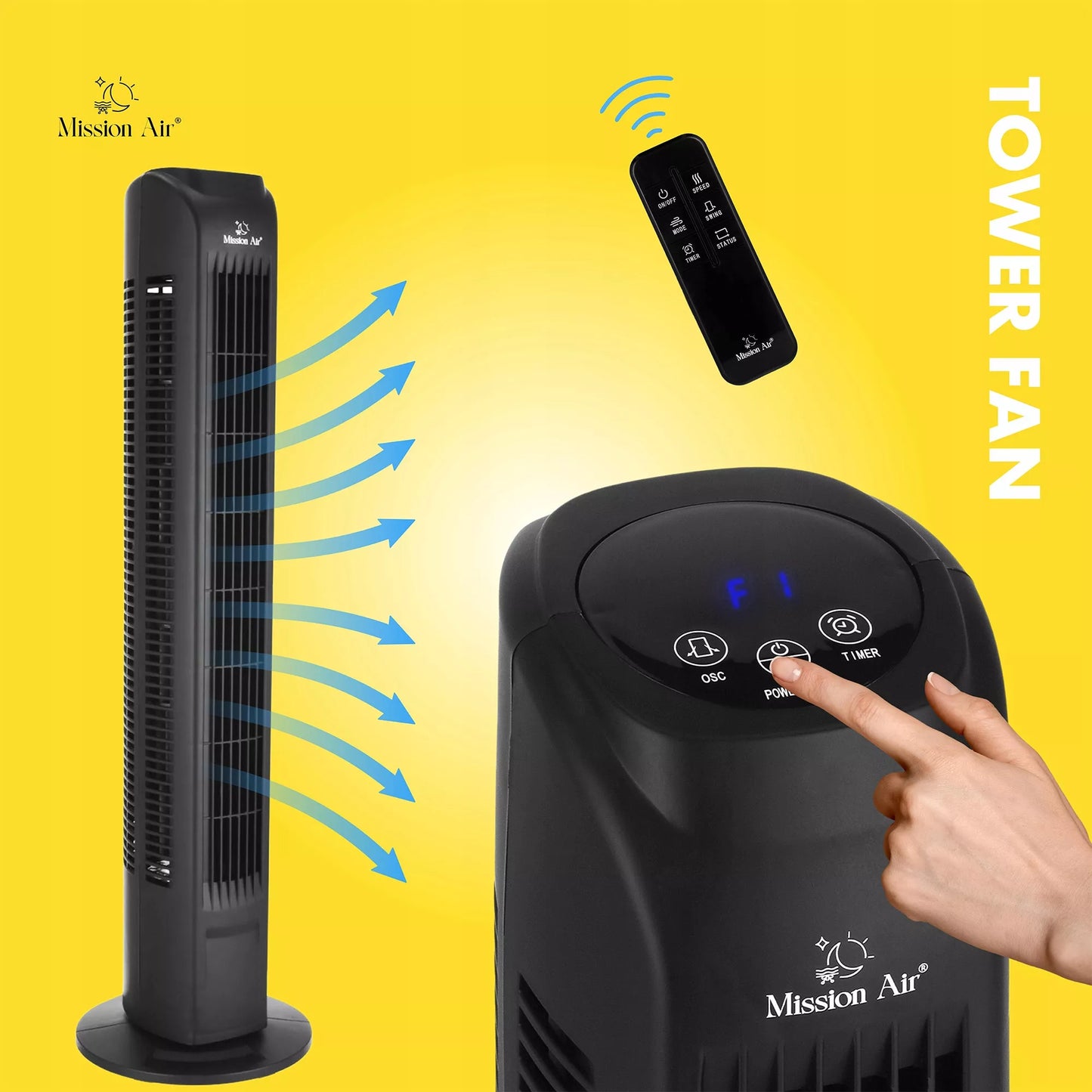 Tylus besisukantis TOWER FAN – juodas grindinis ventiliatorius