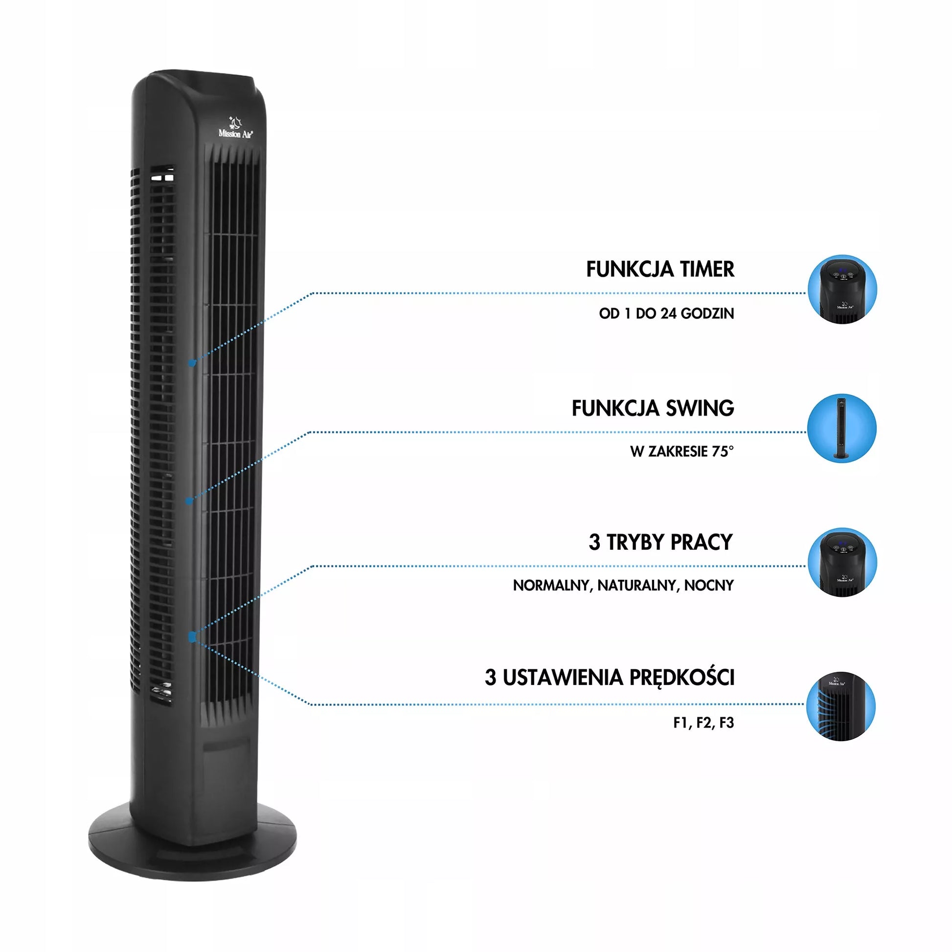 Tylus besisukantis TOWER FAN – juodas grindinis ventiliatorius
