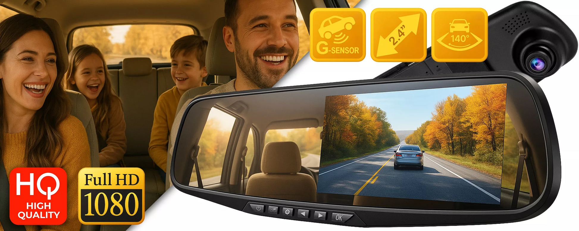 Automobilio vaizdo registratorius, kamera veidrodėlyje, priekio ir galo įrašymo įrenginys FULL HD