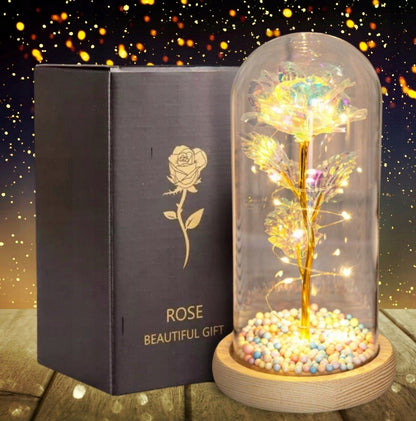 AMŽINA BALTA ROŽĖ STIKLINĖJE DANGTELIO FORMOS LED LEISTUVĖ, dovanų Valentino dienai