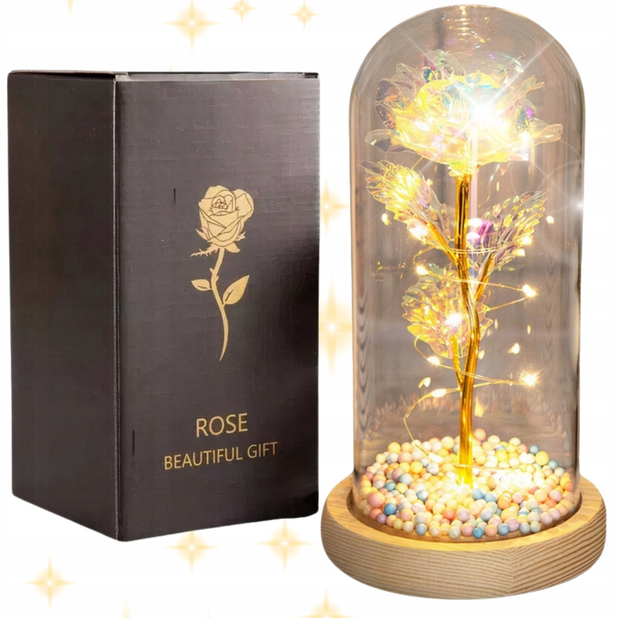 AMŽINA BALTA ROŽĖ STIKLINĖJE DANGTELIO FORMOS LED LEISTUVĖ, dovanų Valentino dienai