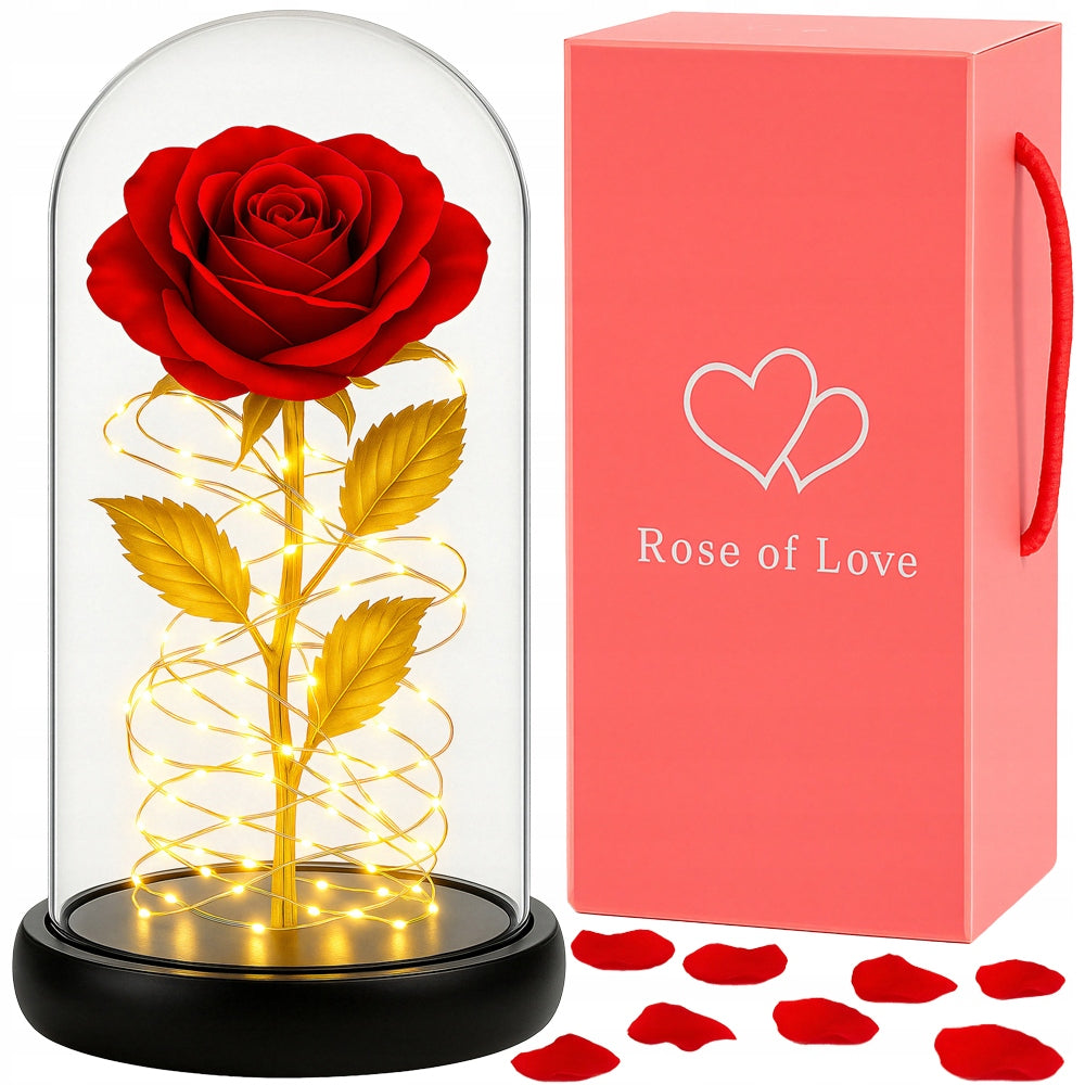 AMŽINA RAUDONA RAUDONA ROŽĖ STIKLINĖJE, ŠVIEČIANTI LED, DOVANA Valentino dienai, Moters dienai