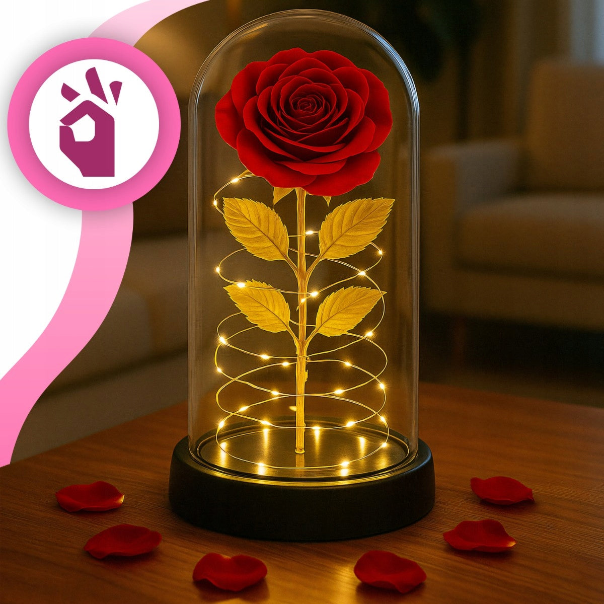 AMŽINA RAUDONA RAUDONA ROŽĖ STIKLINĖJE, ŠVIEČIANTI LED, DOVANA Valentino dienai, Moters dienai
