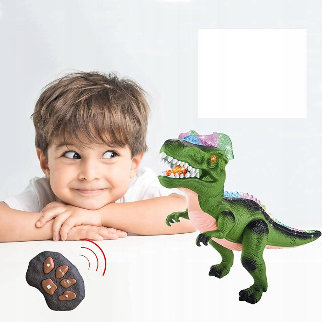Didžiulis kovojantis T-REX dinozauras, valdomas pulteliu, vaikšto, riaumoja, šviečia, šoka