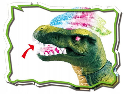 Didžiulis kovojantis T-REX dinozauras, valdomas pulteliu, vaikšto, riaumoja, šviečia, šoka
