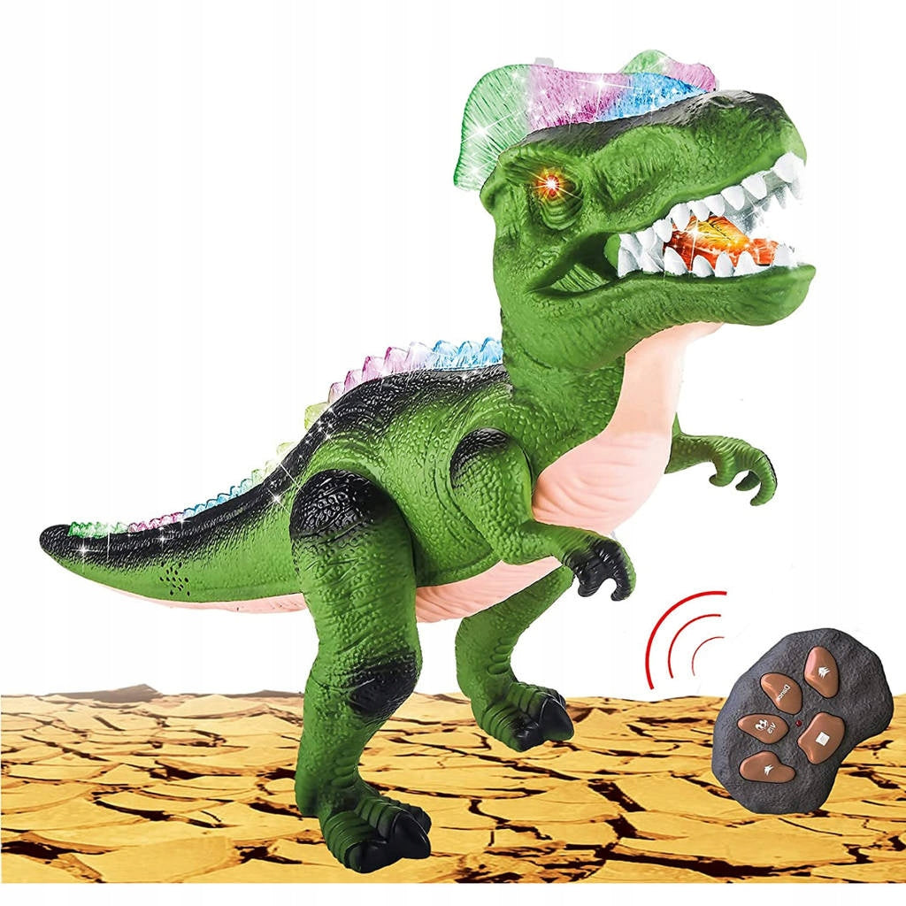 Didžiulis kovojantis T-REX dinozauras, valdomas pulteliu, vaikšto, riaumoja, šviečia, šoka