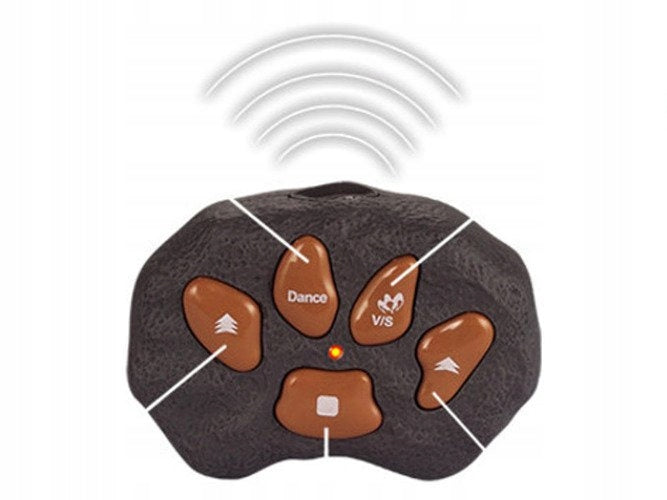 Didžiulis kovojantis T-REX dinozauras, valdomas pulteliu, vaikšto, riaumoja, šviečia, šoka