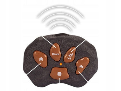 Didžiulis kovojantis T-REX dinozauras, valdomas pulteliu, vaikšto, riaumoja, šviečia, šoka