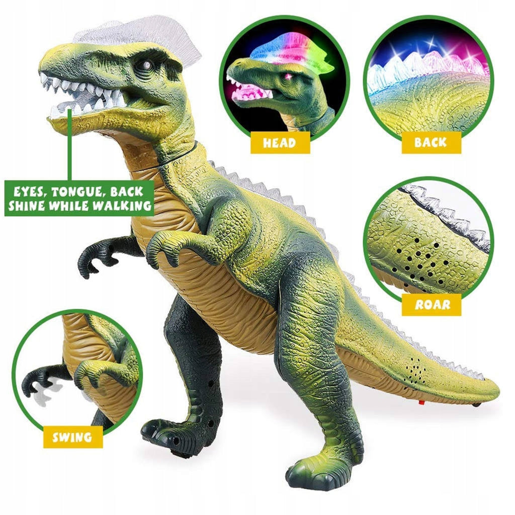Didžiulis kovojantis T-REX dinozauras, valdomas pulteliu, vaikšto, riaumoja, šviečia, šoka