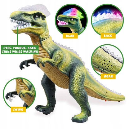 Didžiulis kovojantis T-REX dinozauras, valdomas pulteliu, vaikšto, riaumoja, šviečia, šoka