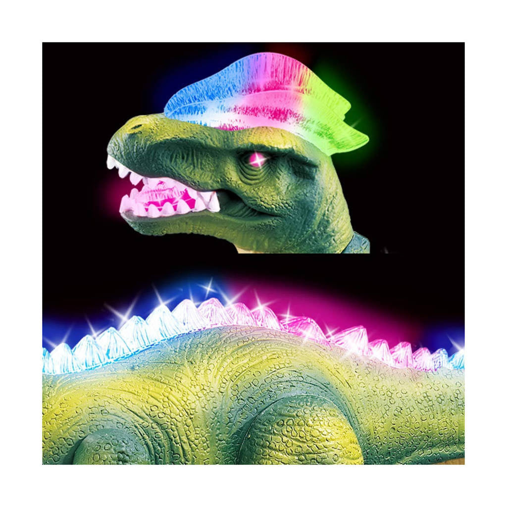 Didžiulis kovojantis T-REX dinozauras, valdomas pulteliu, vaikšto, riaumoja, šviečia, šoka