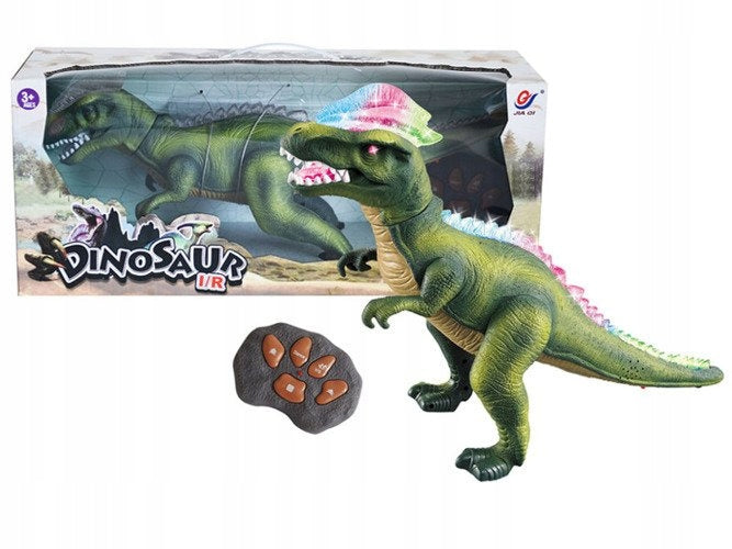 Didžiulis kovojantis T-REX dinozauras, valdomas pulteliu, vaikšto, riaumoja, šviečia, šoka