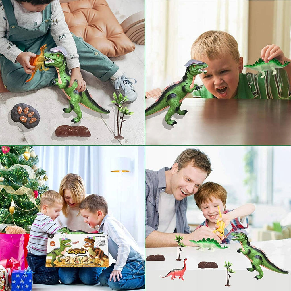 Didžiulis kovojantis T-REX dinozauras, valdomas pulteliu, vaikšto, riaumoja, šviečia, šoka