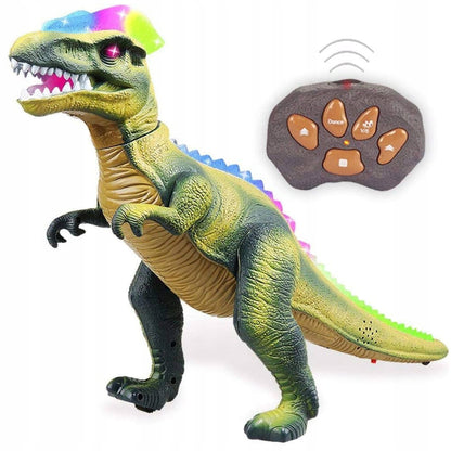 Didžiulis kovojantis T-REX dinozauras, valdomas pulteliu, vaikšto, riaumoja, šviečia, šoka