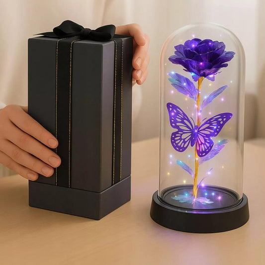 Amžina violetinė rožė stiklinėje su LED – elegantiška dovana moteriai