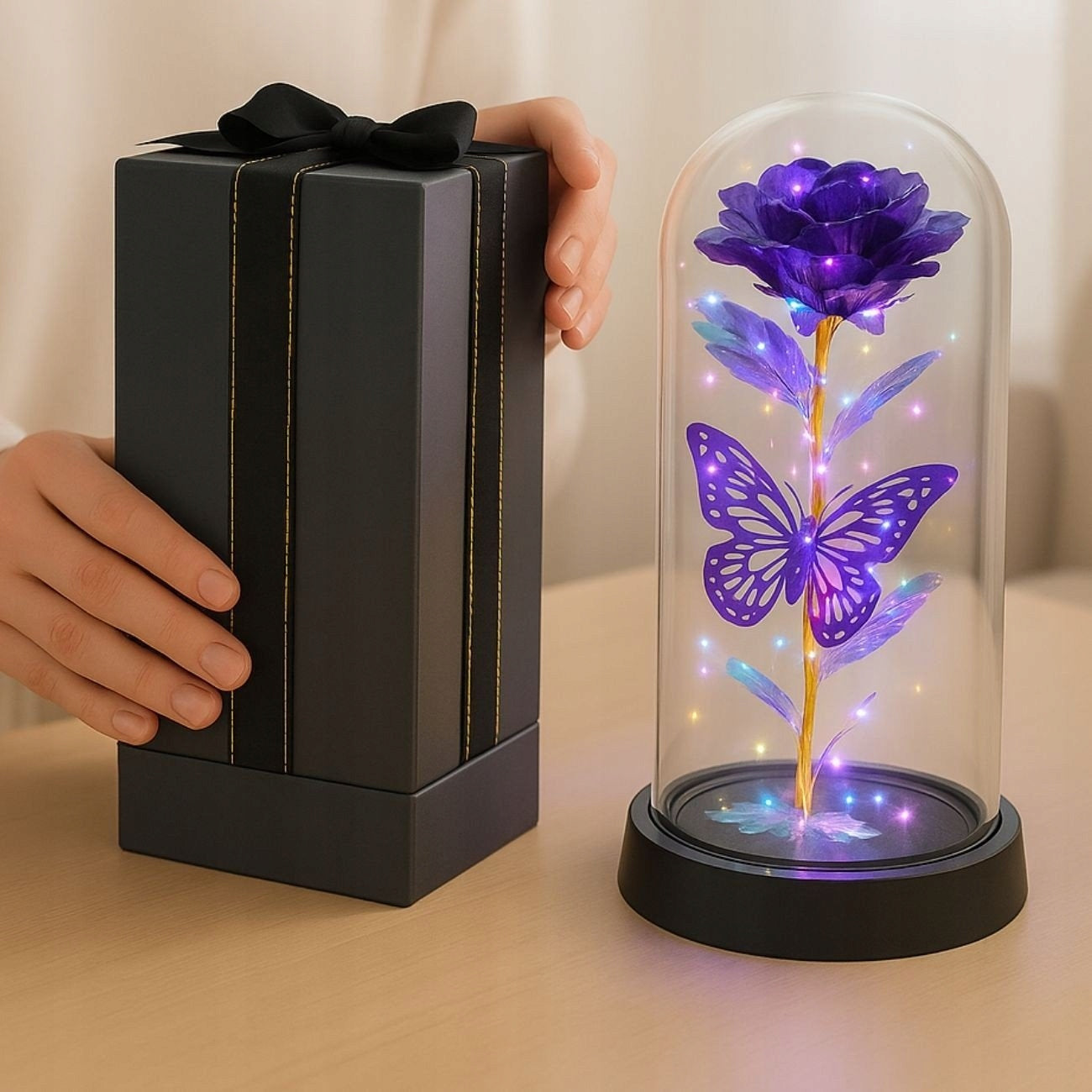 Amžina Rožė Stiklinėje su LED – Violetinė Lemputė – Dovana Moteriai Niej Murrano