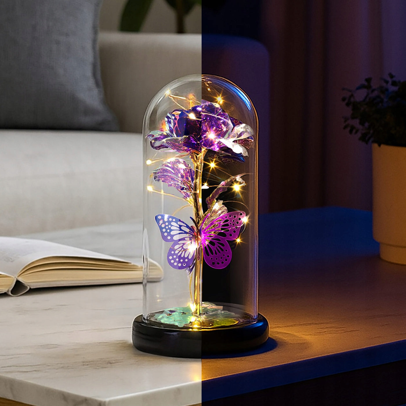 Amžina Rožė Stiklinėje su LED – Violetinė Lemputė – Dovana Moteriai Niej Murrano