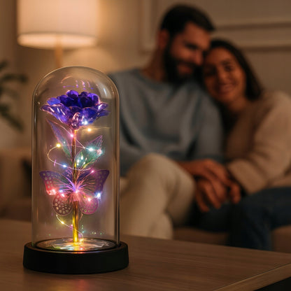 Amžina Rožė Stiklinėje su LED – Violetinė Lemputė – Dovana Moteriai Niej Murrano