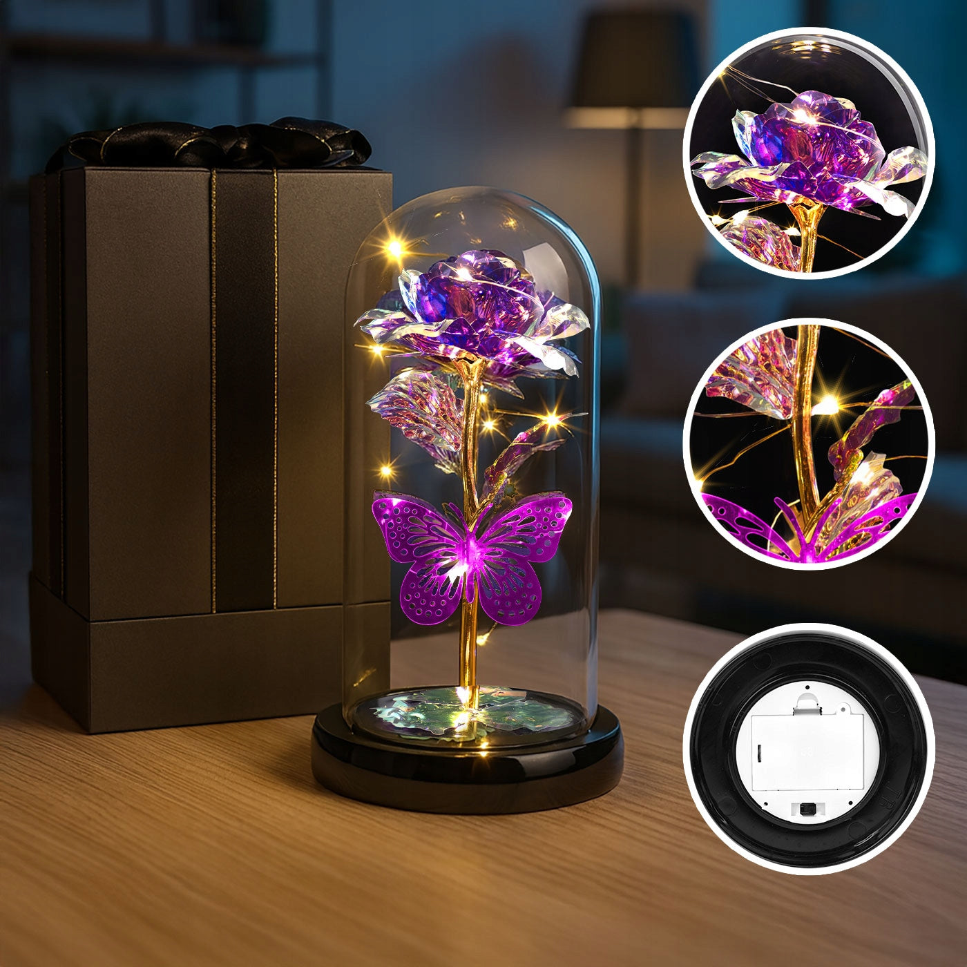 Amžina Rožė Stiklinėje su LED – Violetinė Lemputė – Dovana Moteriai Niej Murrano