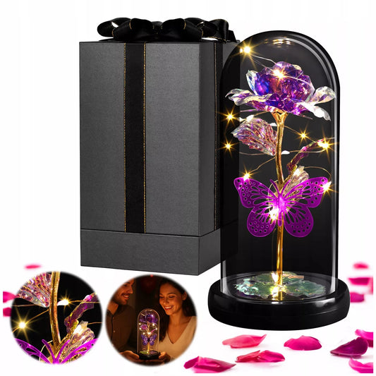 Amžina violetinė rožė stiklinėje su LED – elegantiška dovana moteriai
