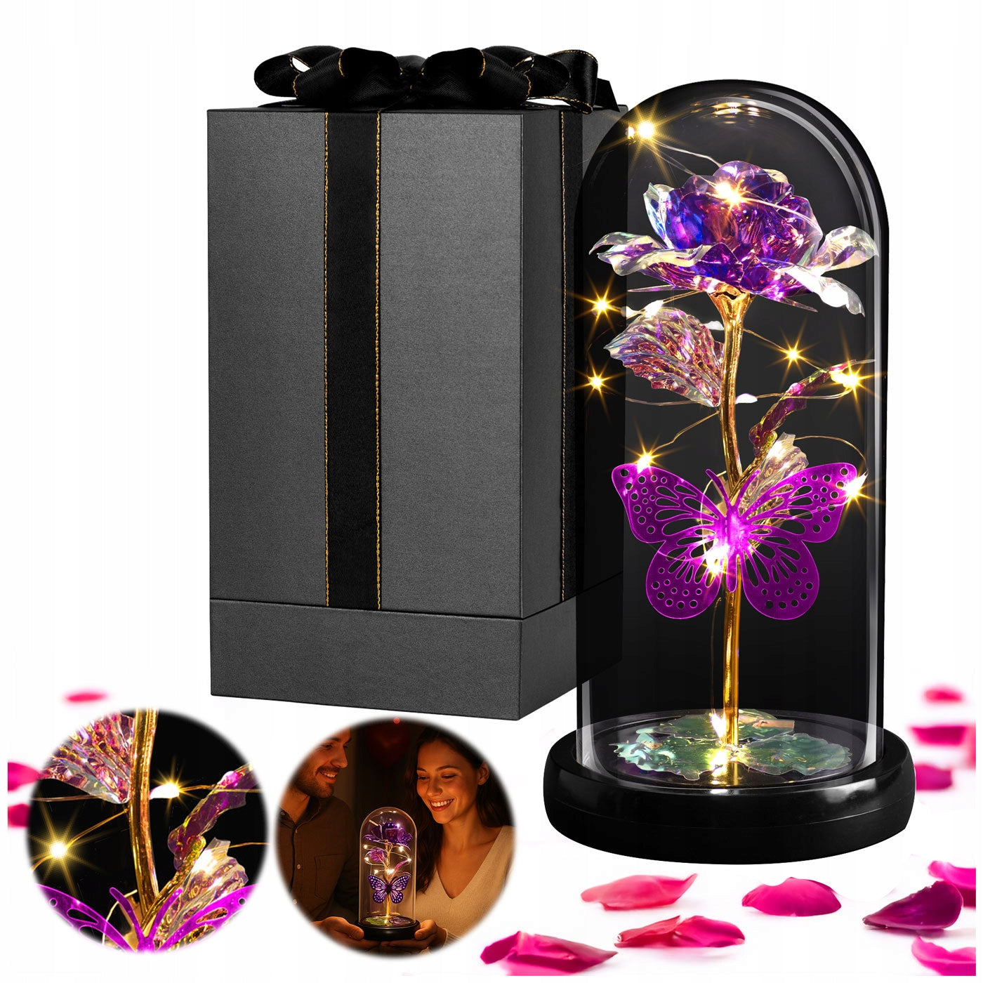 Amžina Rožė Stiklinėje su LED – Violetinė Lemputė – Dovana Moteriai Niej Murrano
