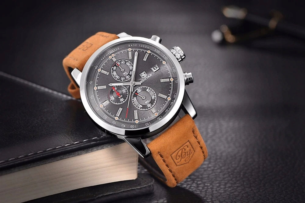 Vyriškas laikrodis BENYAR klasikinis elegantiškas chronografas datos rodiklis + dėžutė