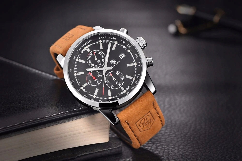 Vyriškas laikrodis BENYAR klasikinis elegantiškas chronografas datos rodiklis + dėžutė