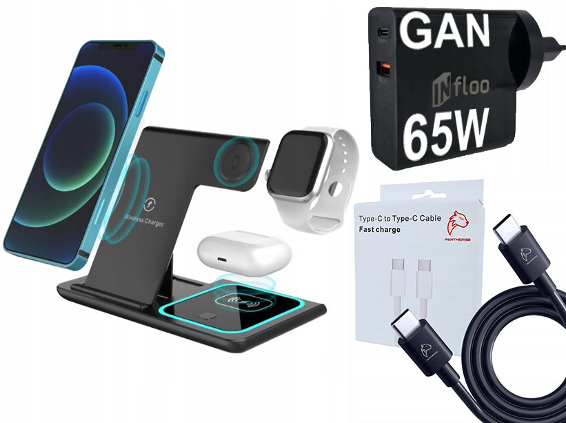 Įkrovimo rinkinys GaN 65W įkroviklis + 3in1 indukcinis įkroviklis + 1M kabelis