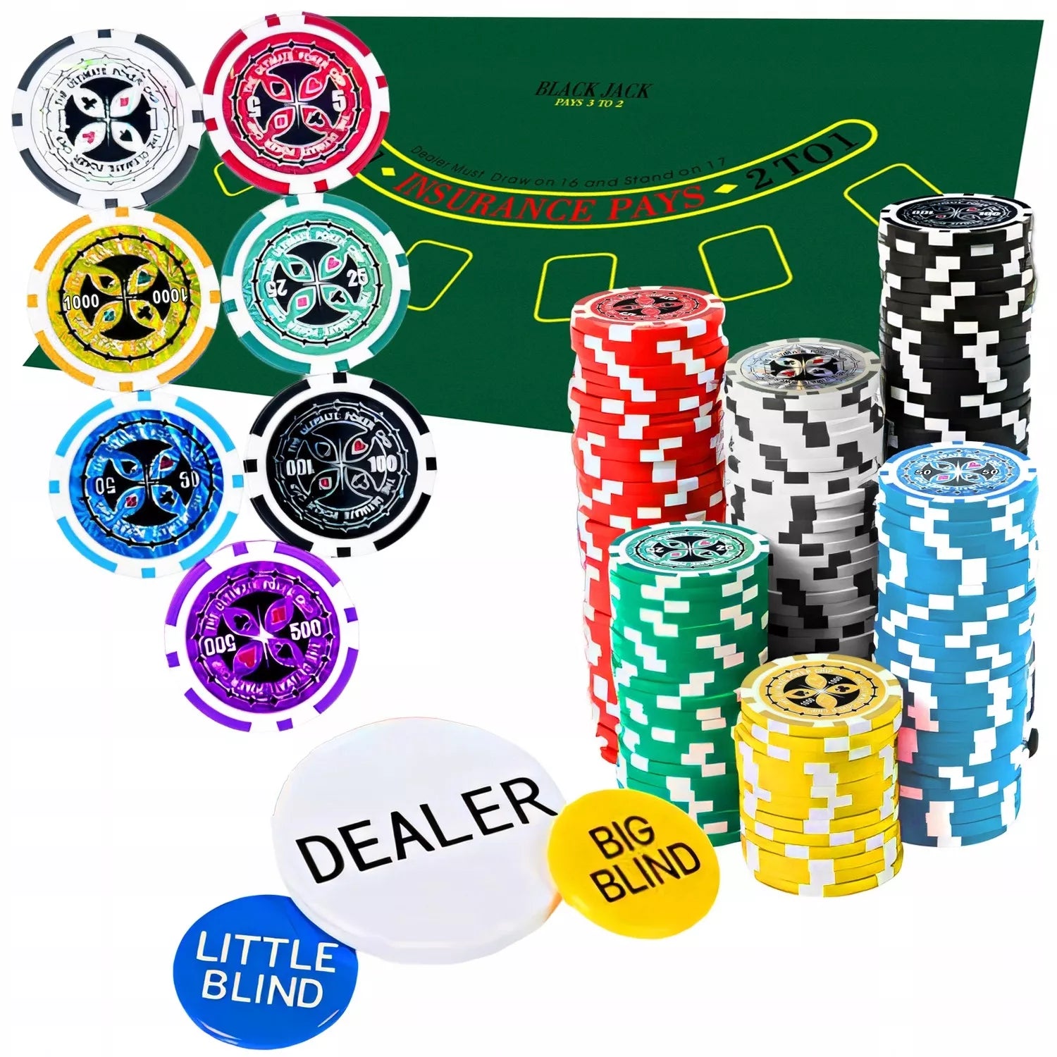 Pokerio rinkinys 500 žetonų, lagaminas, kortos, Teksaso kauliukai, didelis
