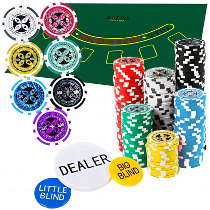 Pokerio rinkinys 500 žetonų, lagaminas, kortos, Teksaso kauliukai, didelis