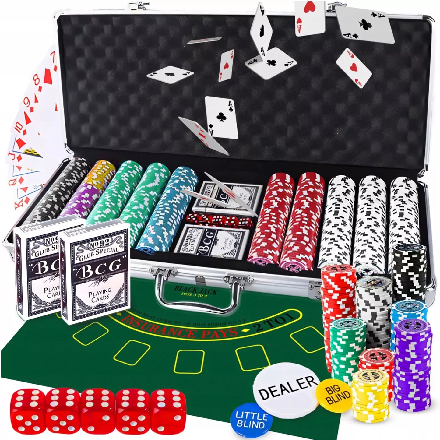 Pokerio rinkinys 500 žetonų, lagaminas, kortos, Teksaso kauliukai, didelis