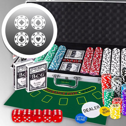 Pokerio rinkinys 500 žetonų, lagaminas, kortos, Teksaso kauliukai, didelis