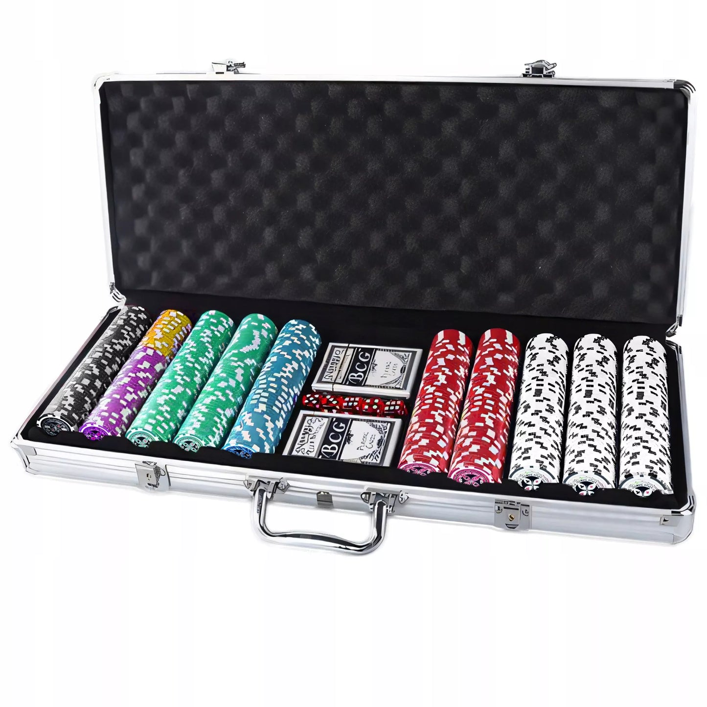 Pokerio rinkinys 500 žetonų, lagaminas, kortos, Teksaso kauliukai, didelis