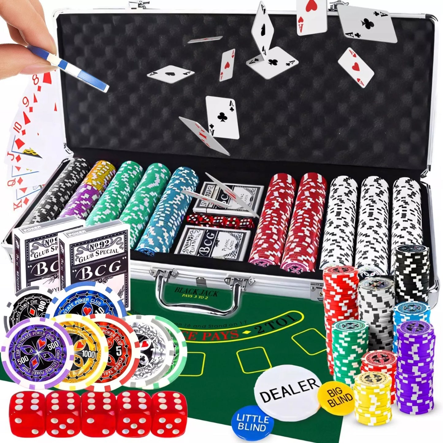 Pokerio rinkinys 500 žetonų, lagaminas, kortos, Teksaso kauliukai, didelis